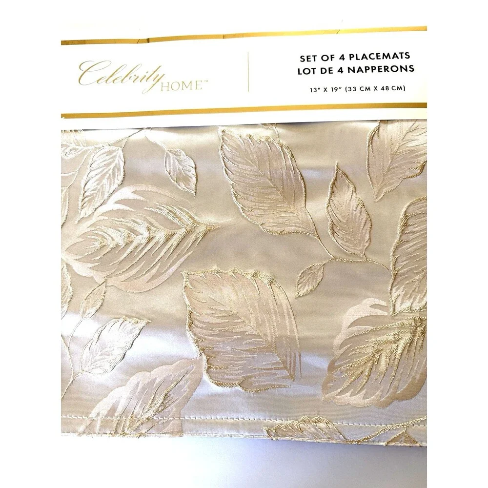Celebrity Home Table Placemats Gold Embroidered Leaves 13x18 Set of 4